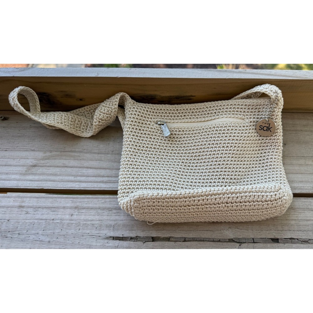 The Sak Crochet Crossbody Bag Cream Beige Knit Zip Shoulder Purse Boho